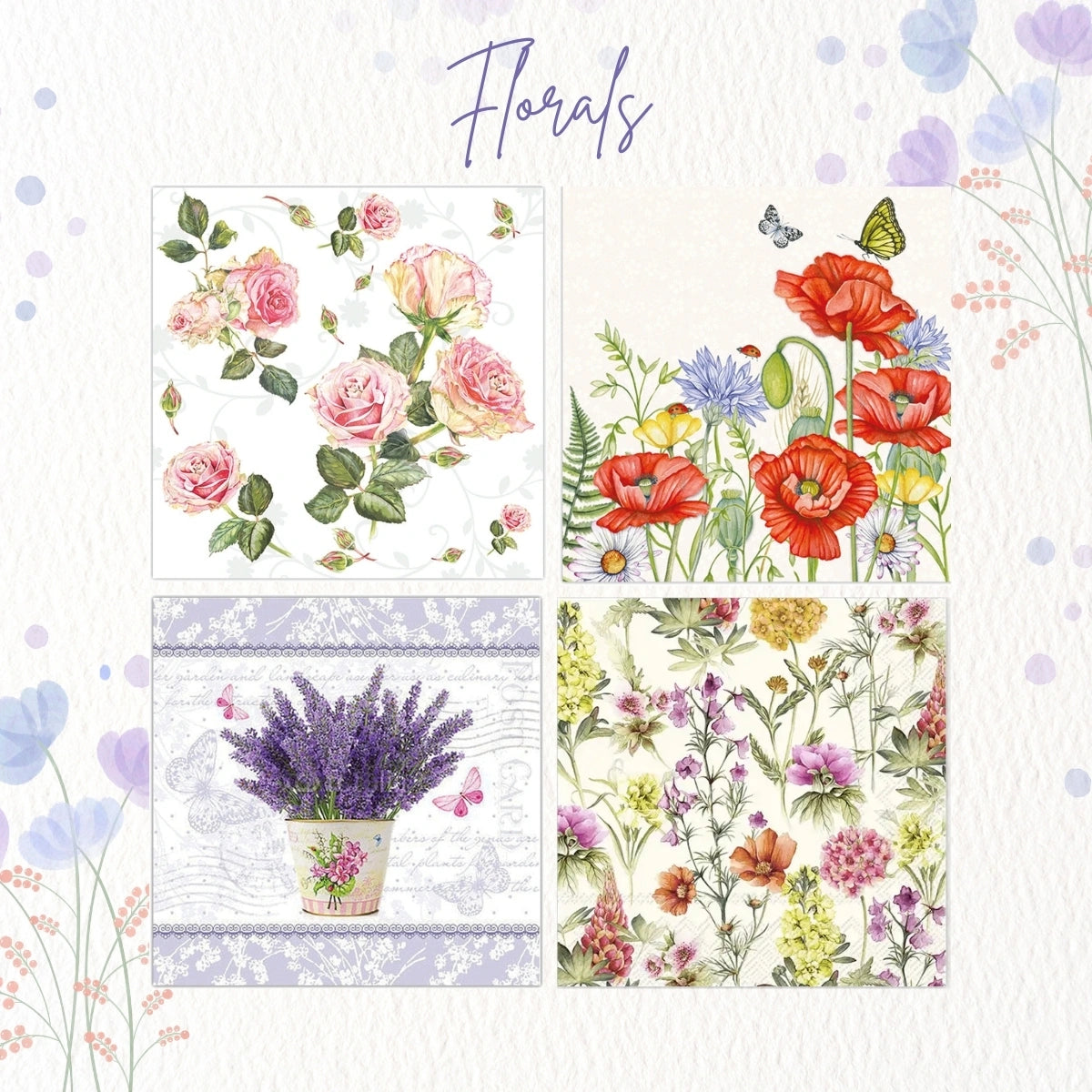 Florals ~ A Set of 4 Paper Napkin Packs (20 in each, 6.5" x 6.5" folded)